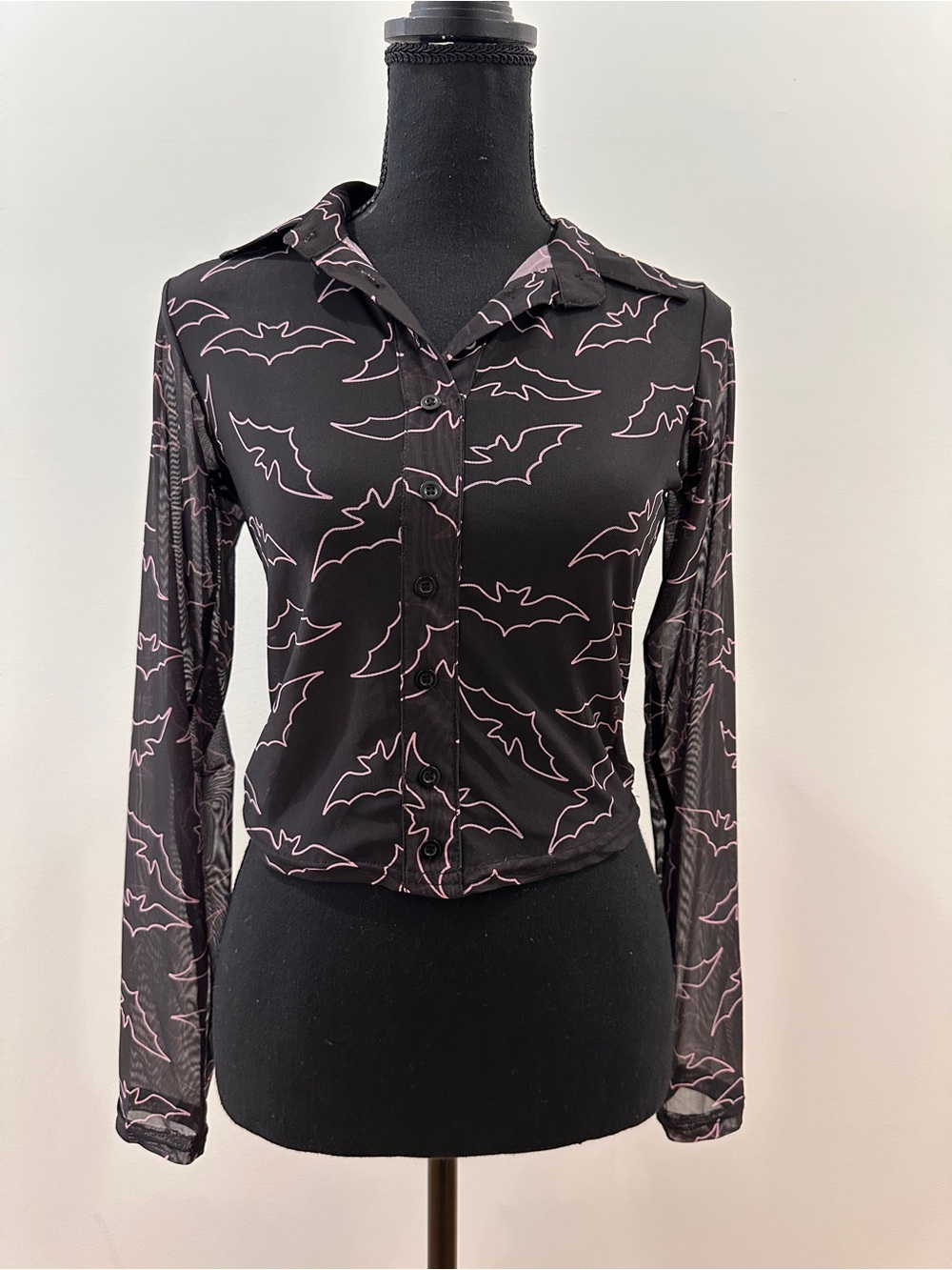 NWT Foxblood Black Mesh Button-Up Top with Pink Bat Print